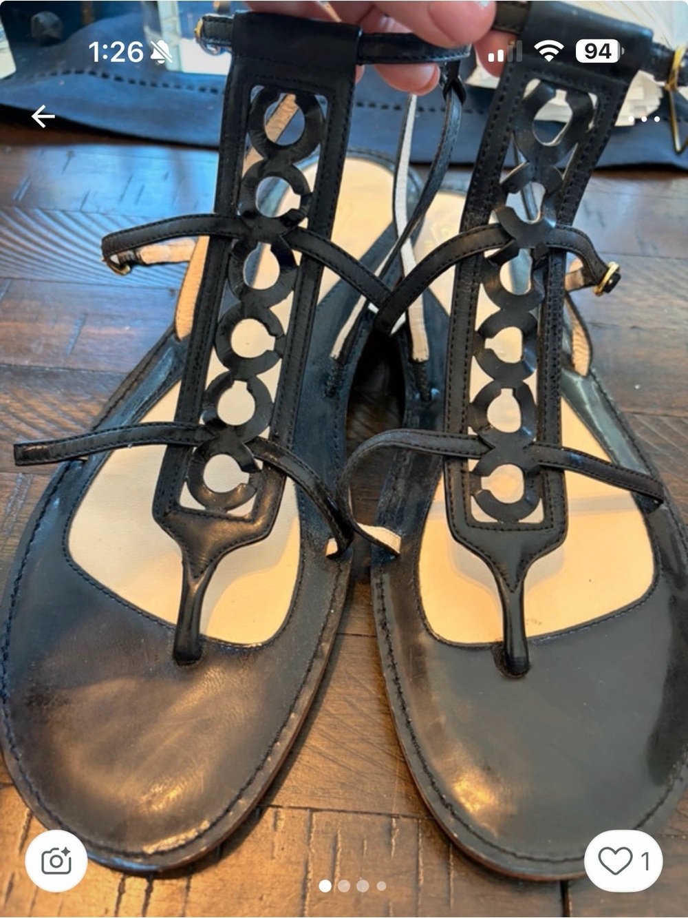 Black Leather T-Strap Women's Sandals